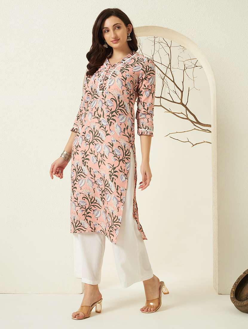 women floral three quarter sleeve kurta palazzo set - 22297396 -  Standard Image - 1
