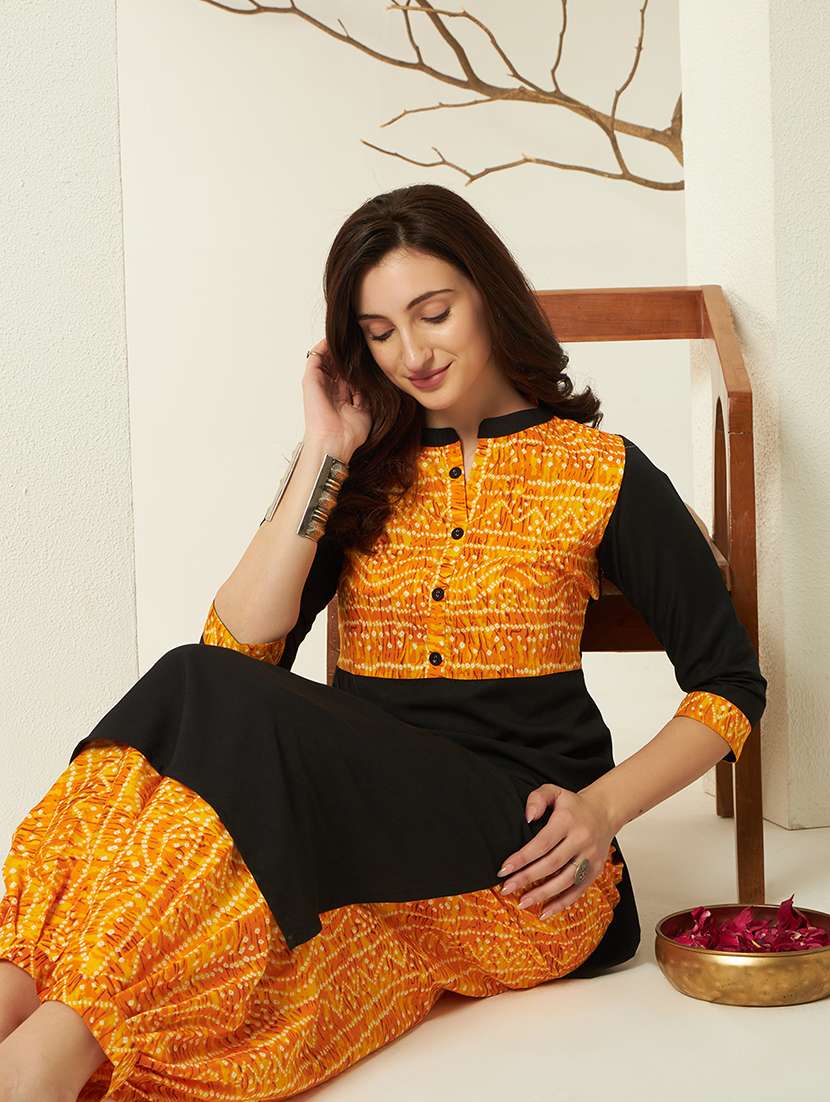 women bandhani three quarter sleeve kurta salwar set - 22297399 -  Standard Image - 1