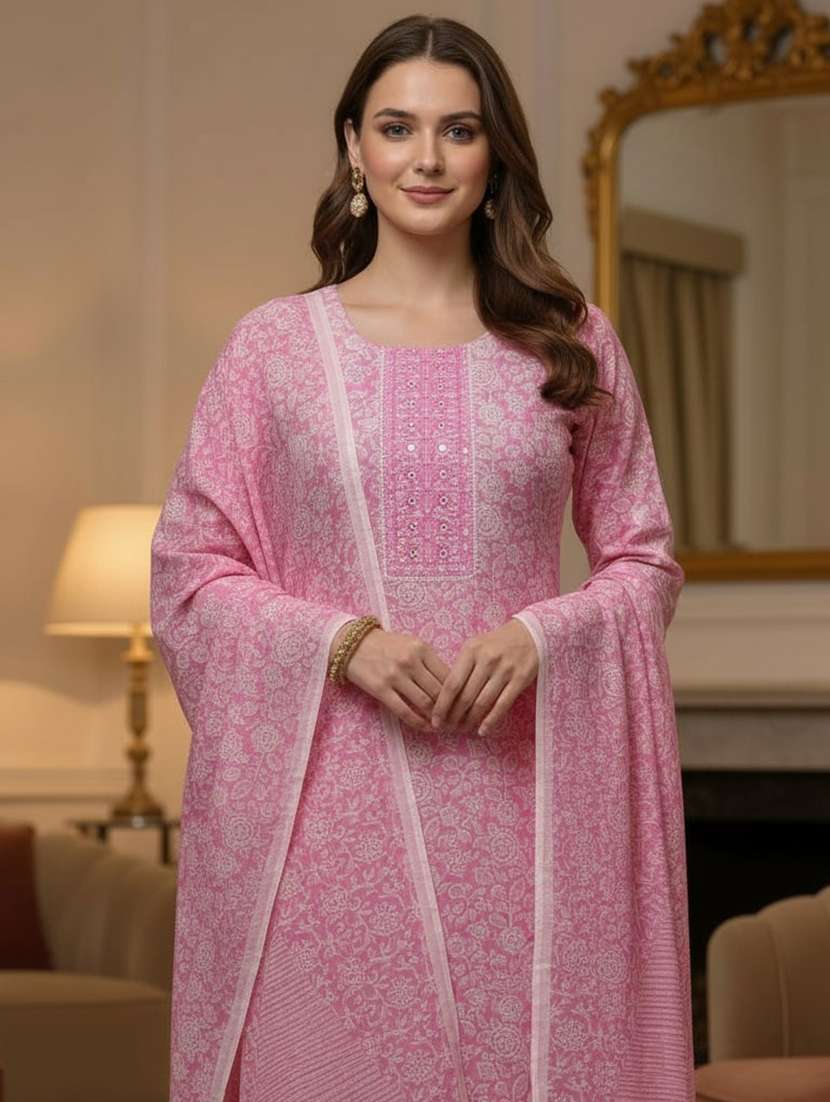 women printed three quarter sleeve kurta pant with dupatta set - 22297416 -  Standard Image - 4