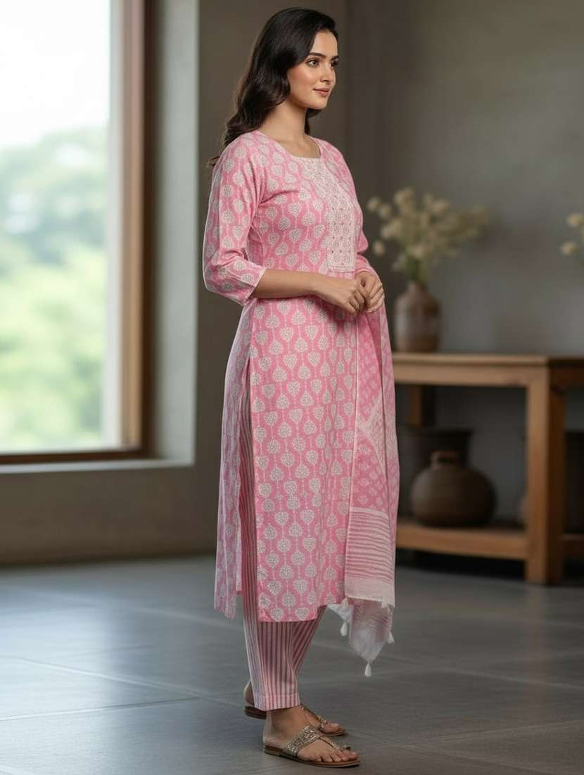 women printed three quarter sleeve kurta pant with dupatta set - 22297417 -  Standard Image - 1