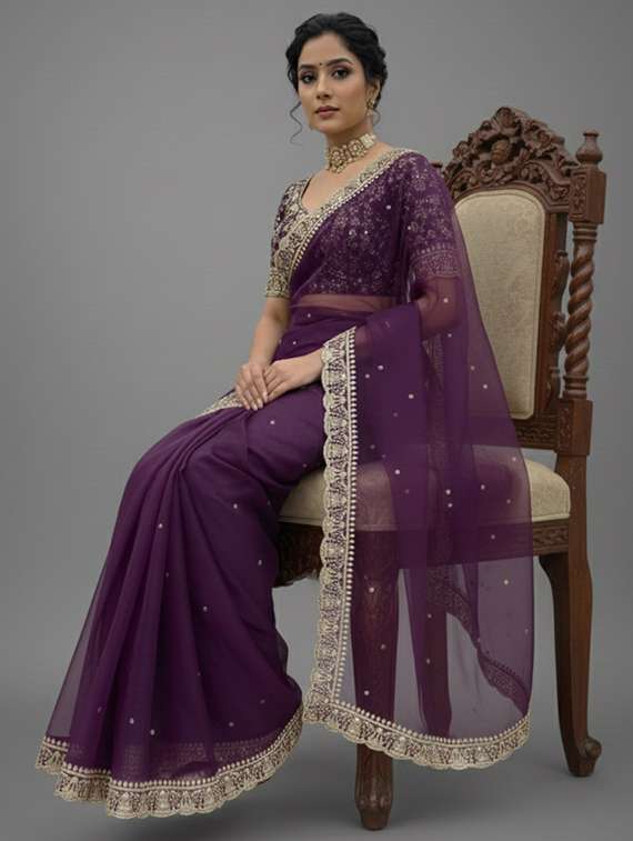 women solid with work embroidered saree with blouse - 22297421 -  Standard Image - 1