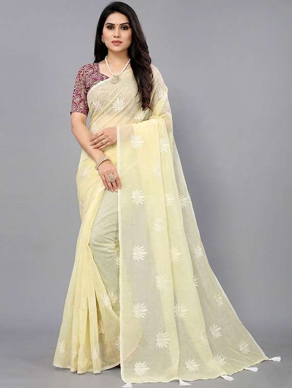 women solid with work embroidered saree with blouse
