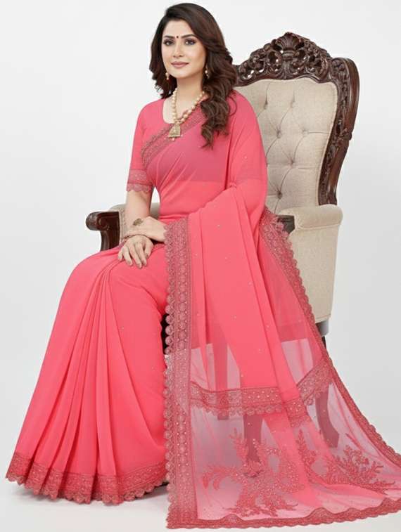 women solid with work embroidered saree with blouse - 22297430 -  Standard Image - 1