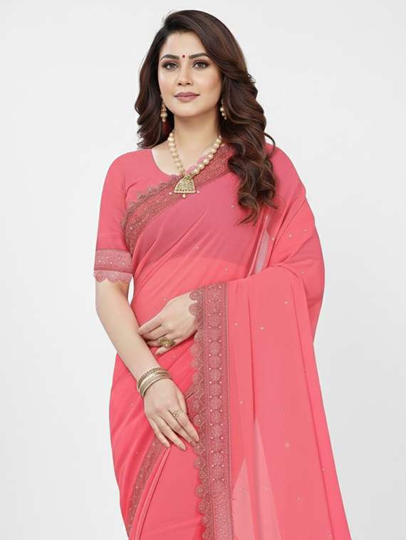 women solid with work embroidered saree with blouse - 22297430 -  Standard Image - 4