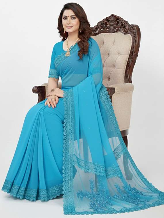 women solid with work embroidered saree with blouse - 22297433 -  Standard Image - 4
