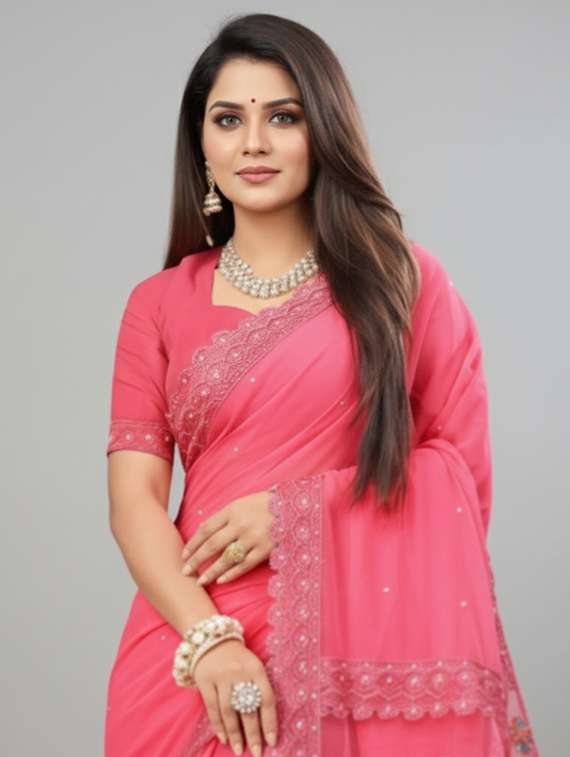 women solid with work embroidered saree with blouse - 22297435 -  Standard Image - 1