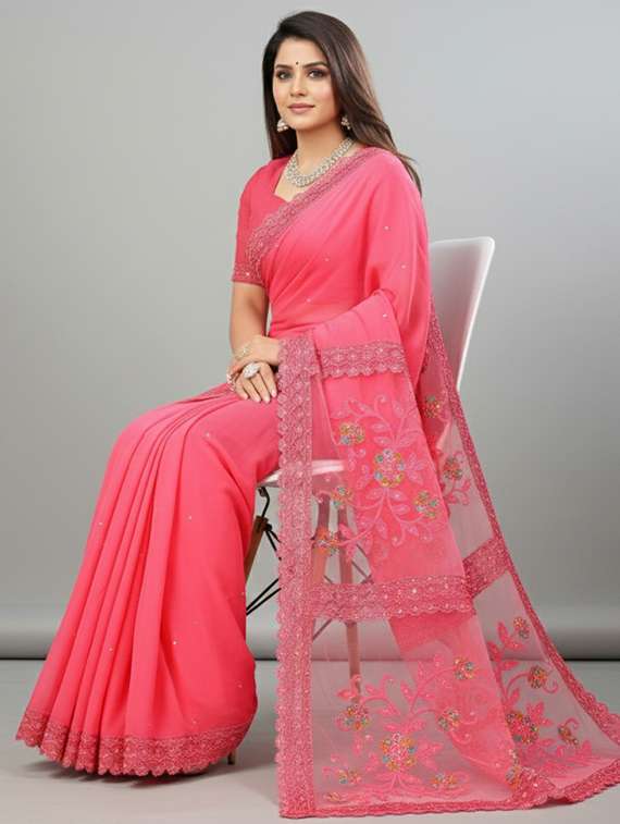 women solid with work embroidered saree with blouse - 22297435 -  Standard Image - 4