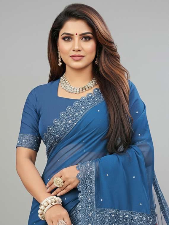 women solid with work embroidered saree with blouse - 22297436 -  Standard Image - 1