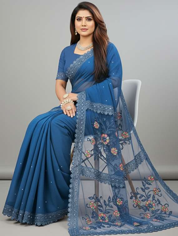 women solid with work embroidered saree with blouse - 22297436 -  Standard Image - 4