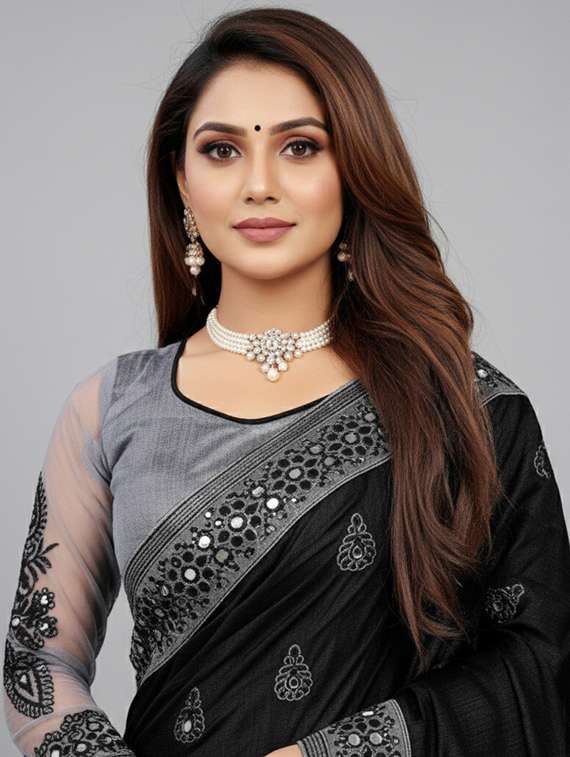 women solid with work half & half saree with blouse - 22297438 -  Standard Image - 1