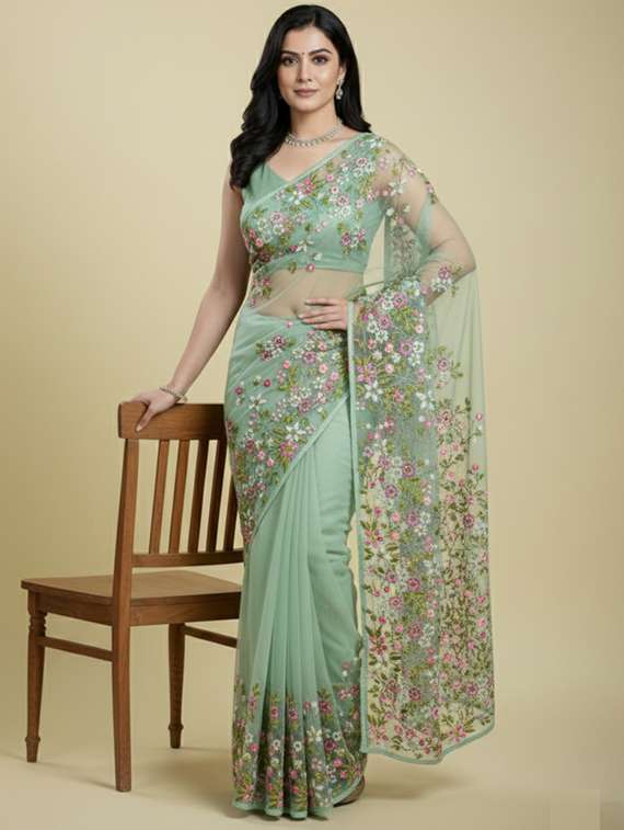 women solid with work embroidered saree with blouse - 22297440 -  Standard Image - 1