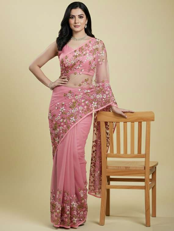 women solid with work embroidered saree with blouse - 22297441 -  Standard Image - 1