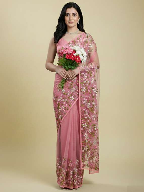 women solid with work embroidered saree with blouse - 22297441 -  Standard Image - 4