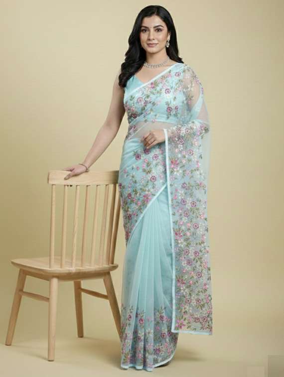 women solid with work embroidered saree with blouse - 22297442 -  Standard Image - 1