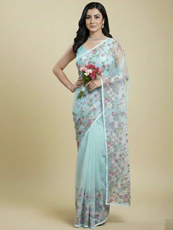women solid with work embroidered saree with blouse - 22297442 -  Standard Image - 4