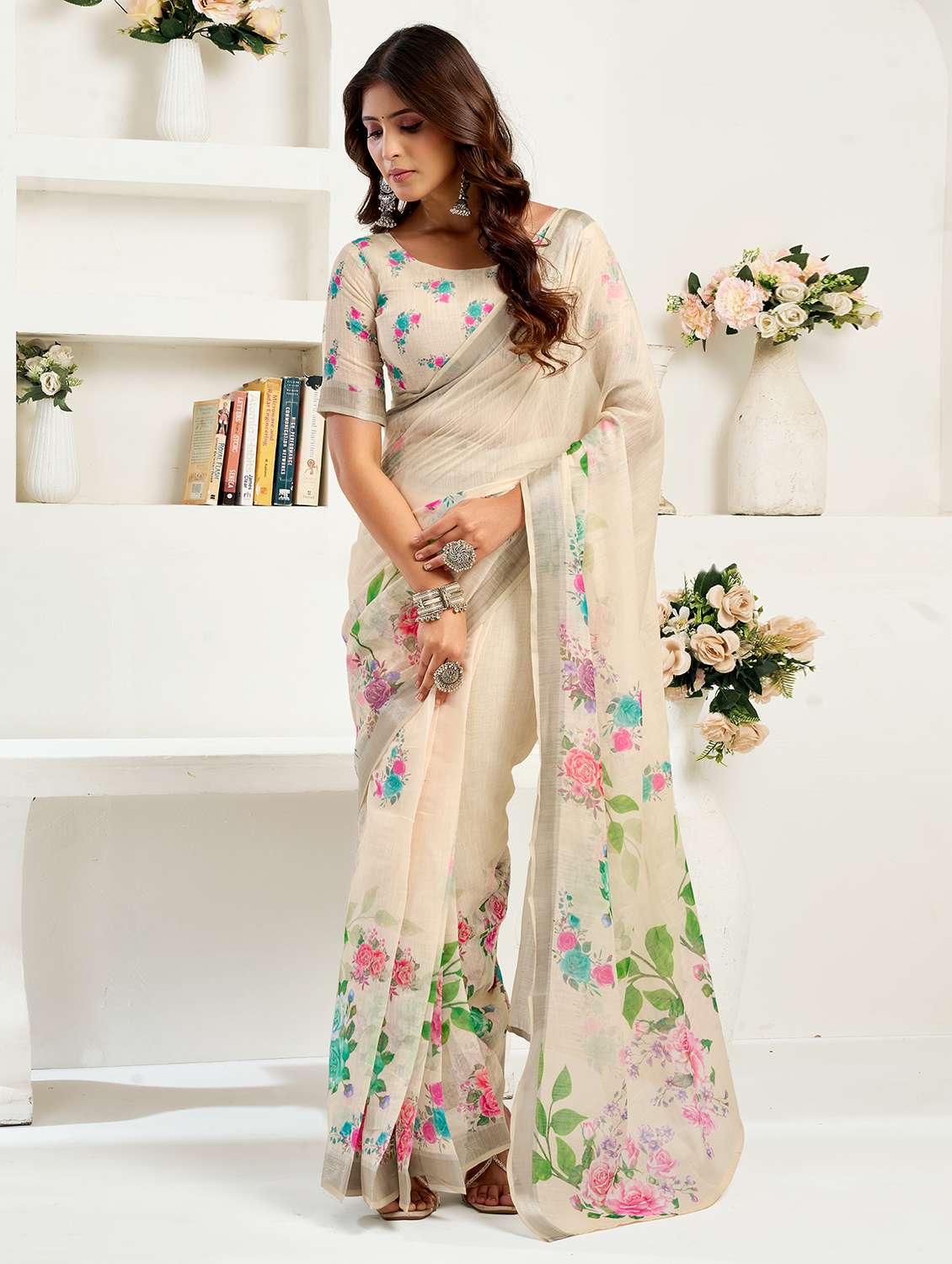 women floral printed ready to wear saree with blouse - 22297539 -  Standard Image - 1