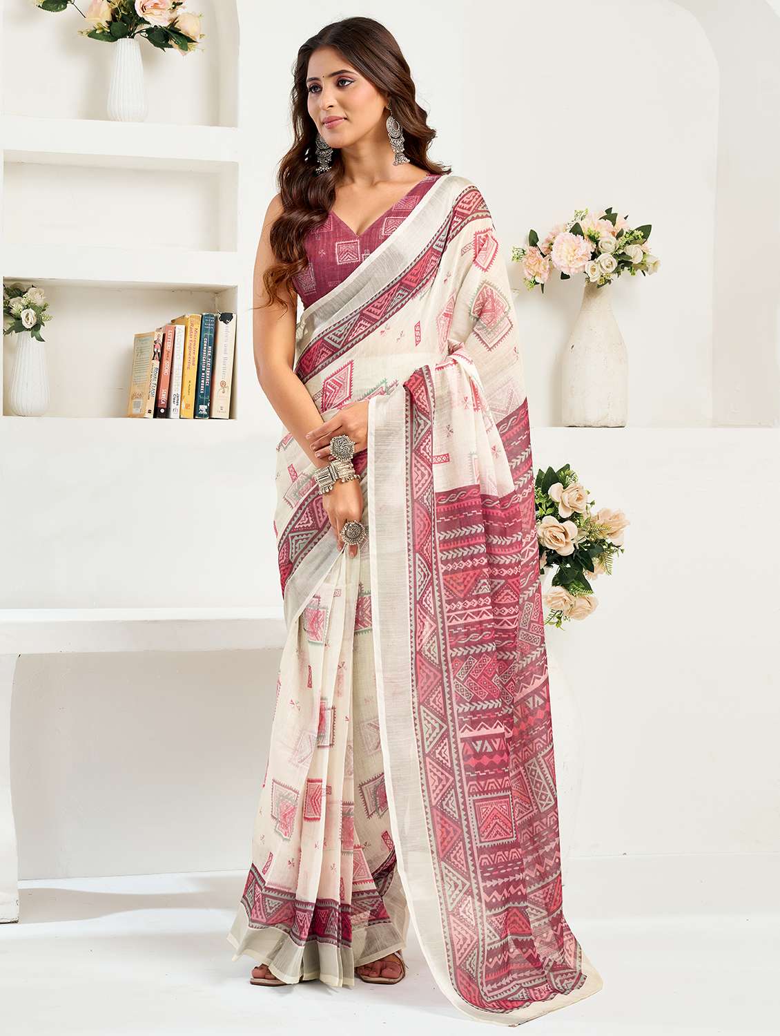 women printed ready to wear saree with blouse