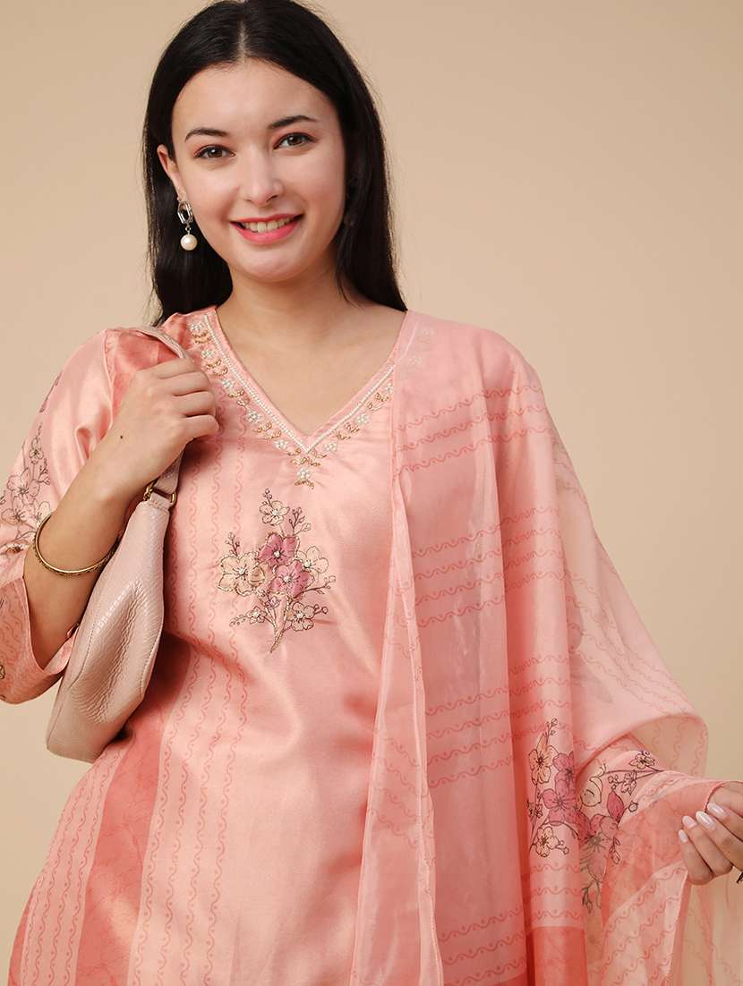 peach chanderi kurta pant  set - 22298235 -  Standard Image - 1