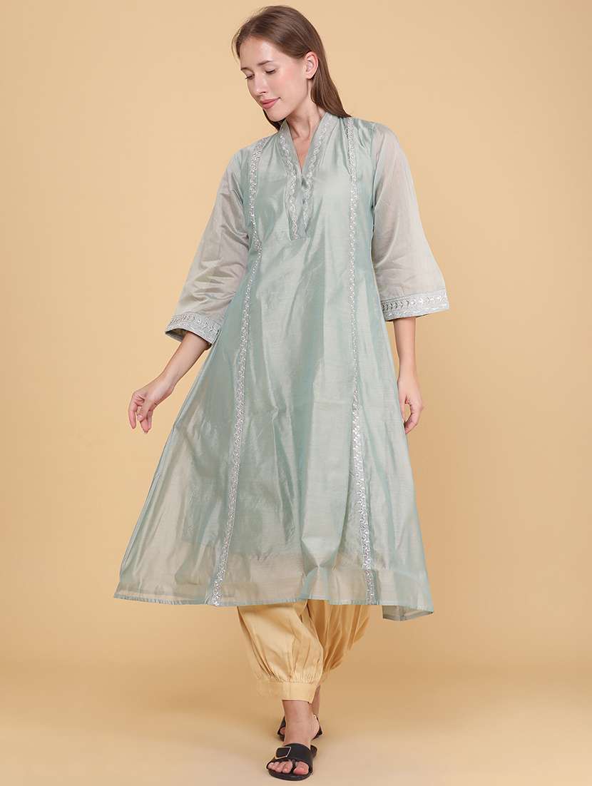 women embroidered three quarter sleeves a-line kurta