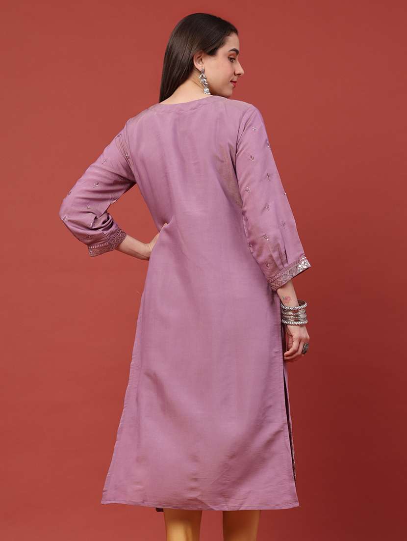 women embroidered three quarter sleeves straight kurta - 22298239 -  Standard Image - 4