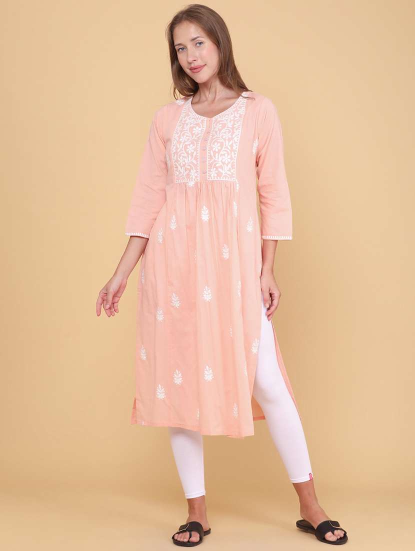women embroidered three quarter sleeves straight kurta 