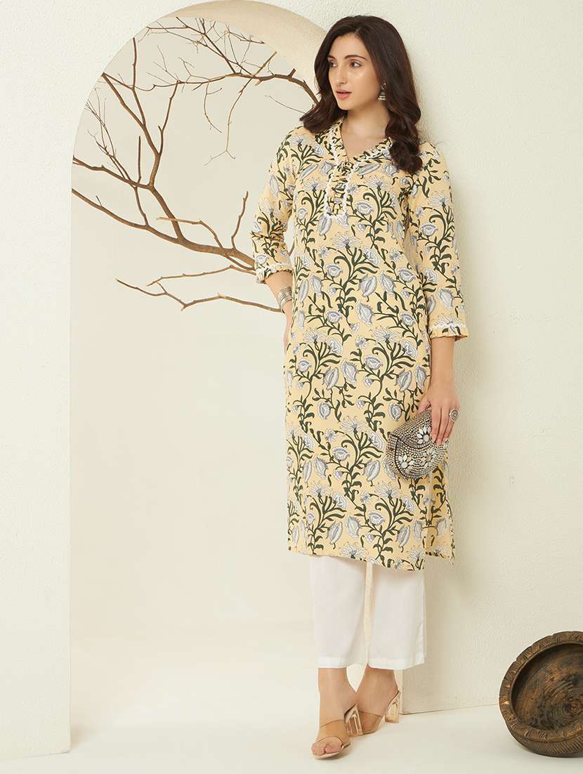 women floral three quarter sleeve straight kurta - 22298374 -  Standard Image - 1