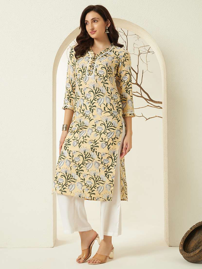 women floral three quarter sleeve straight kurta - 22298374 -  Standard Image - 4