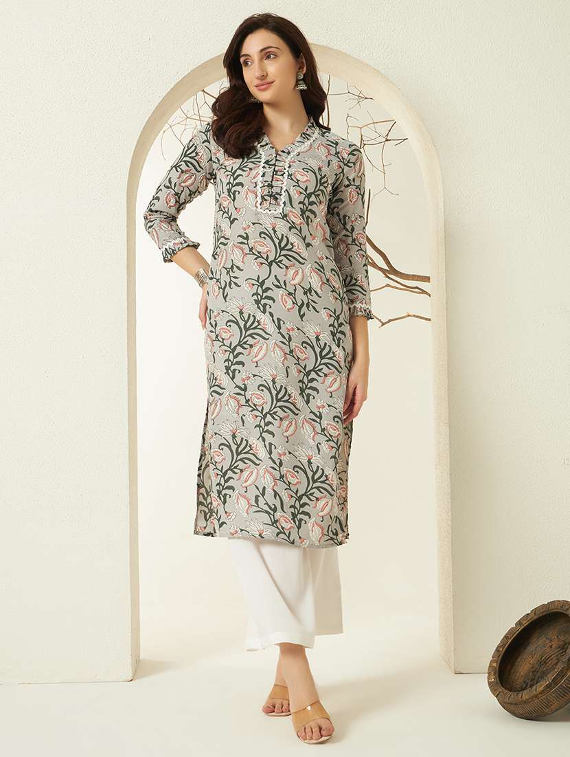 women floral three quarter sleeve straight kurta - 22298375 -  Standard Image - 1