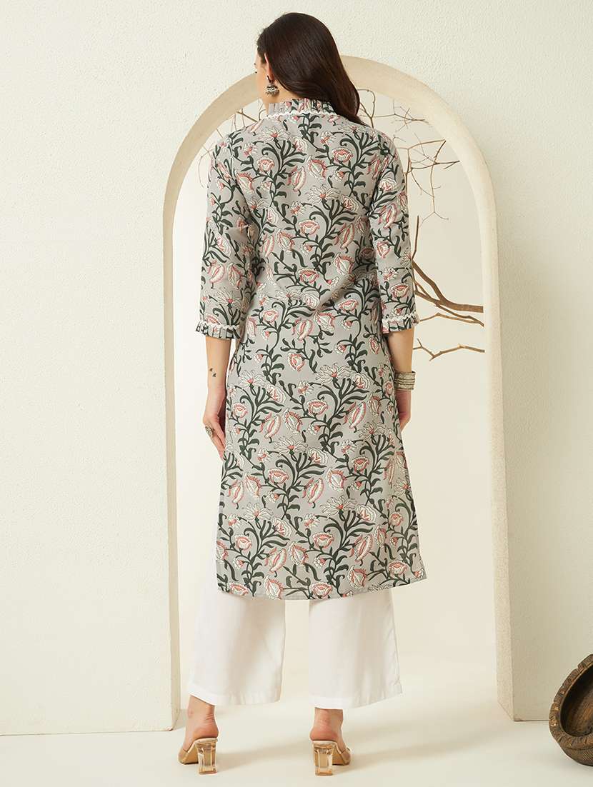 women floral three quarter sleeve straight kurta - 22298375 -  Standard Image - 4
