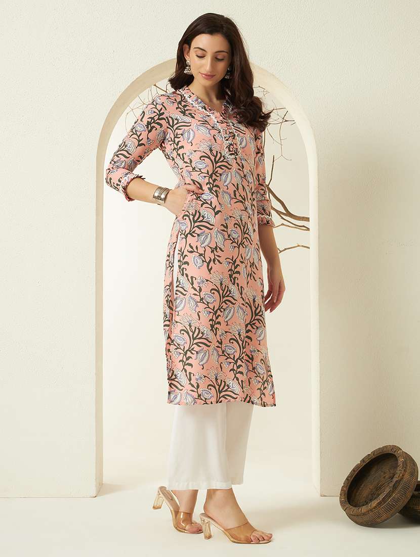 women floral three quarter sleeve straight kurta - 22298376 -  Standard Image - 1