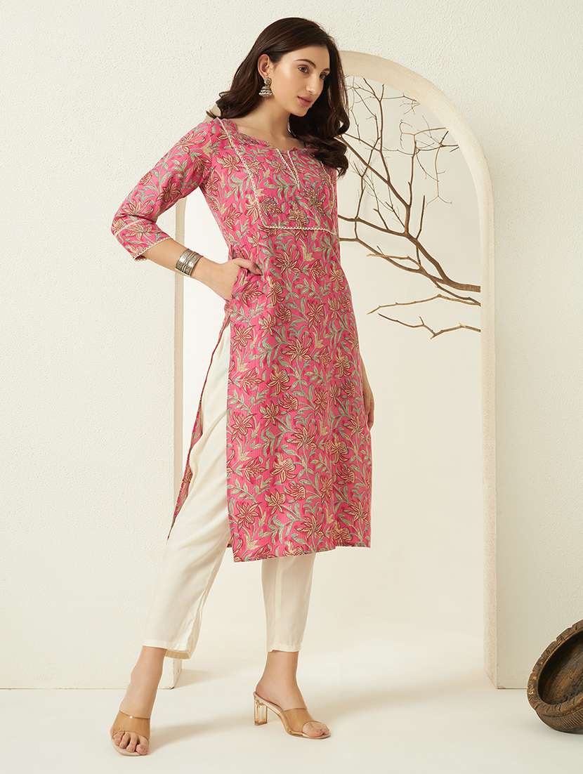 women floral three quarter sleeve straight kurta - 22298377 -  Standard Image - 1
