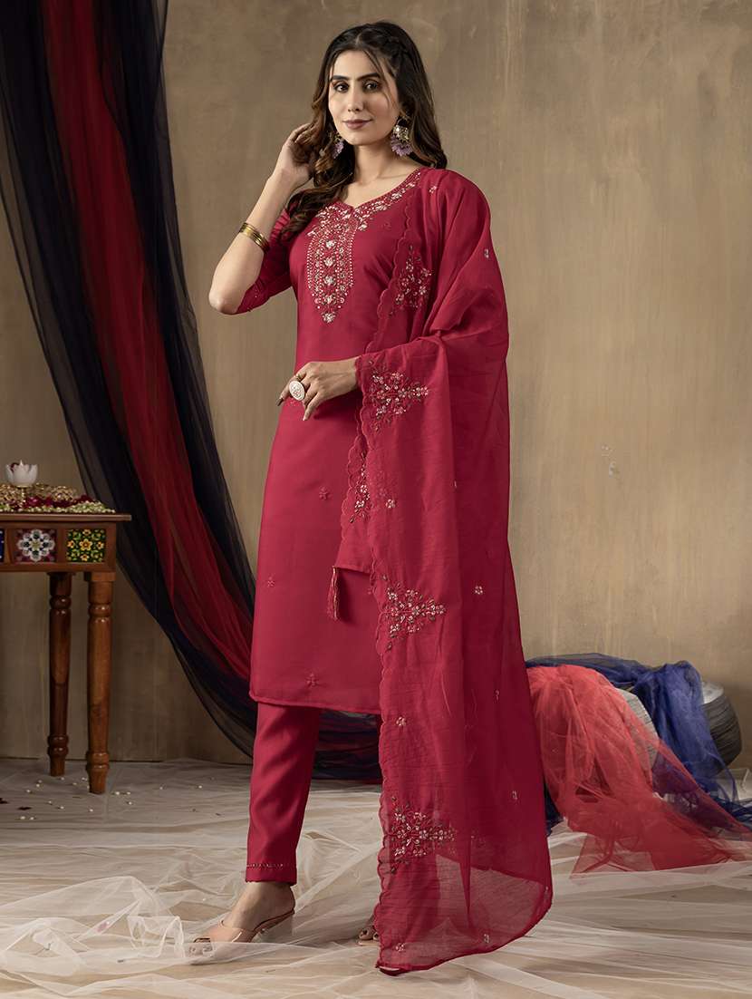 women solid with work three quarter sleeve kurta pant with dupatta set - 22298470 -  Standard Image - 1