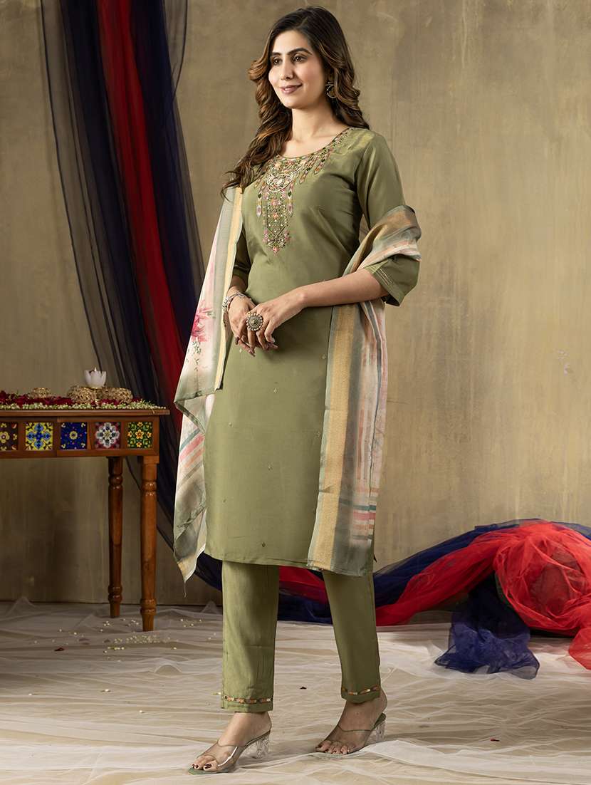 women solid with work three quarter sleeve kurta pant with dupatta set - 22298476 -  Standard Image - 1