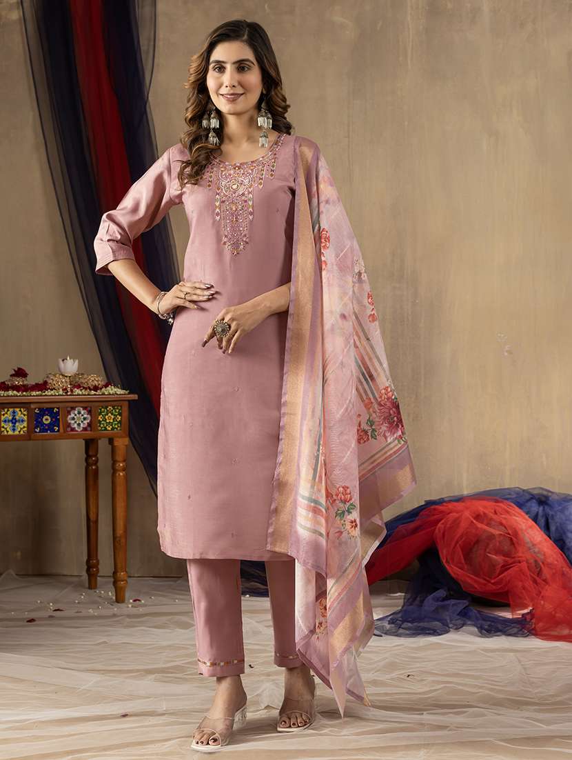 women solid with work three quarter sleeve kurta pant with dupatta set
