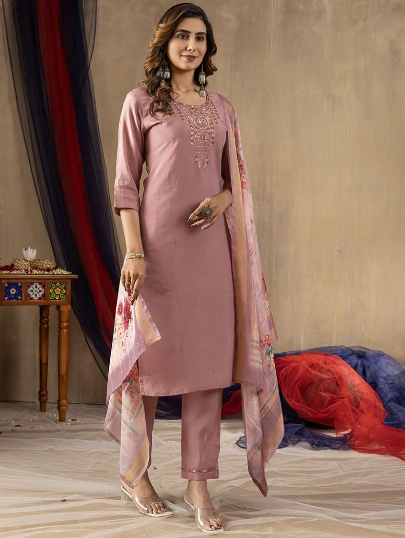 women solid with work three quarter sleeve kurta pant with dupatta set - 22298478 -  Standard Image - 1