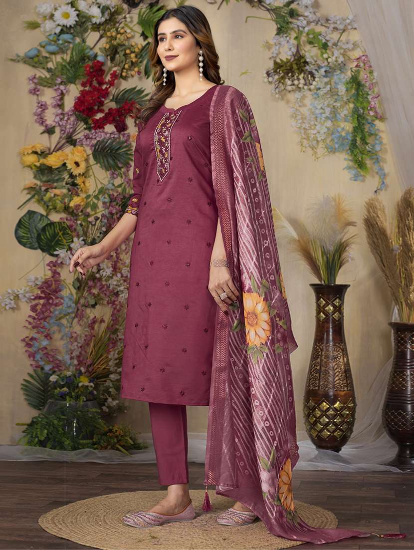 women solid with work three quarter sleeve kurta pant with dupatta set - 22298480 -  Standard Image - 1