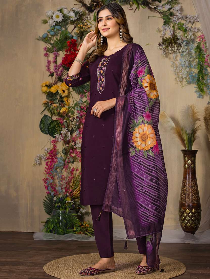Women Solid With Work Three Quarter Sleeve Kurta Pant With Dupatta Set - 22298482 -  Standard Image - 1