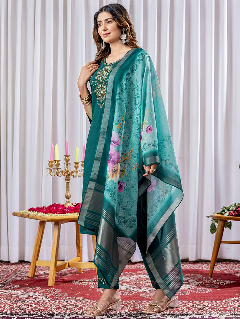 women solid with work three quarter sleeve kurta pant with dupatta set - 22298483 -  Standard Image - 1