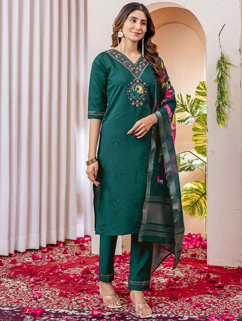 women solid with work three quarter sleeve kurta pant with dupatta set - 22298488 -  Standard Image - 1