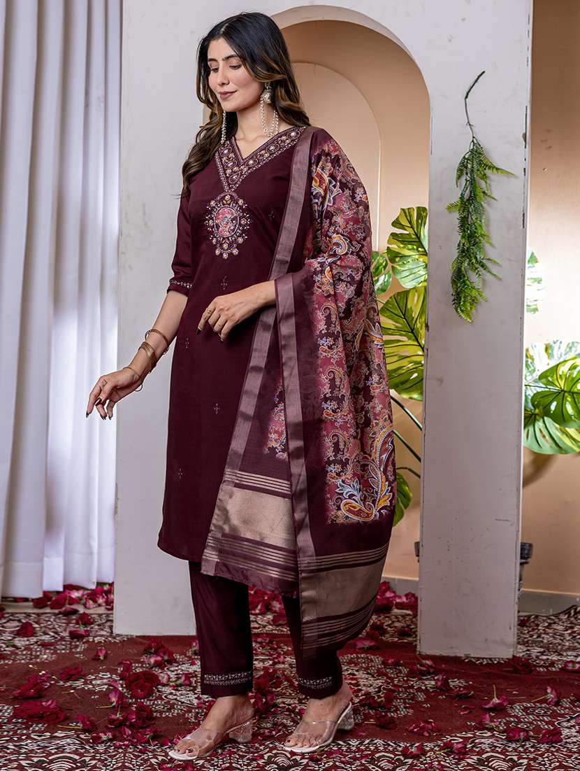 women solid with work three quarter sleeve kurta pant with dupatta set - 22298490 -  Standard Image - 1