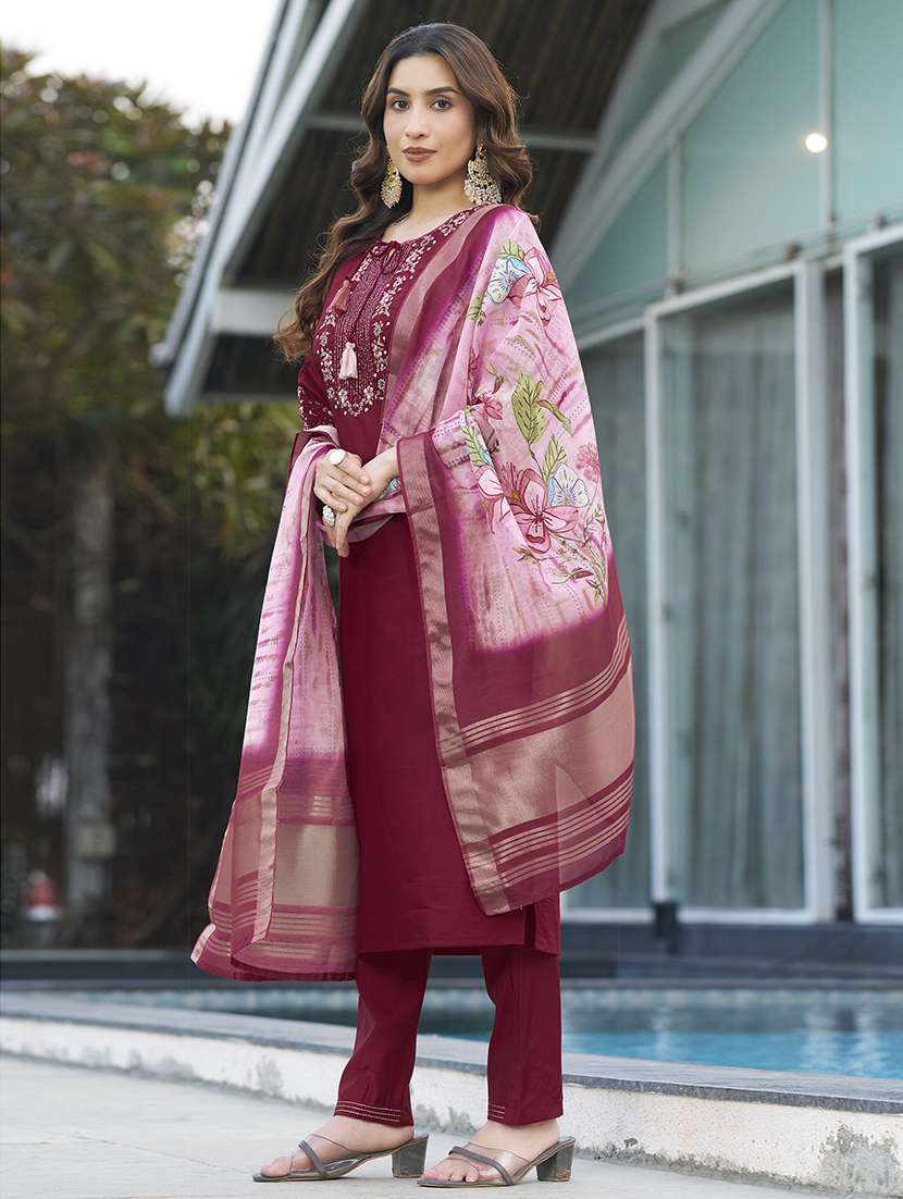 women solid with work three quarter sleeve kurta pant with dupatta set - 22298491 -  Standard Image - 1