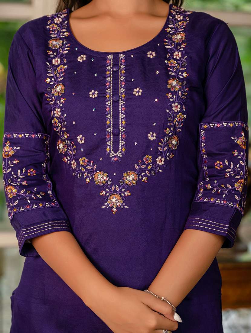 Women Solid With Work Three Quarter Sleeve Kurta Pant With Dupatta Set - 22298495 -  Standard Image - 4
