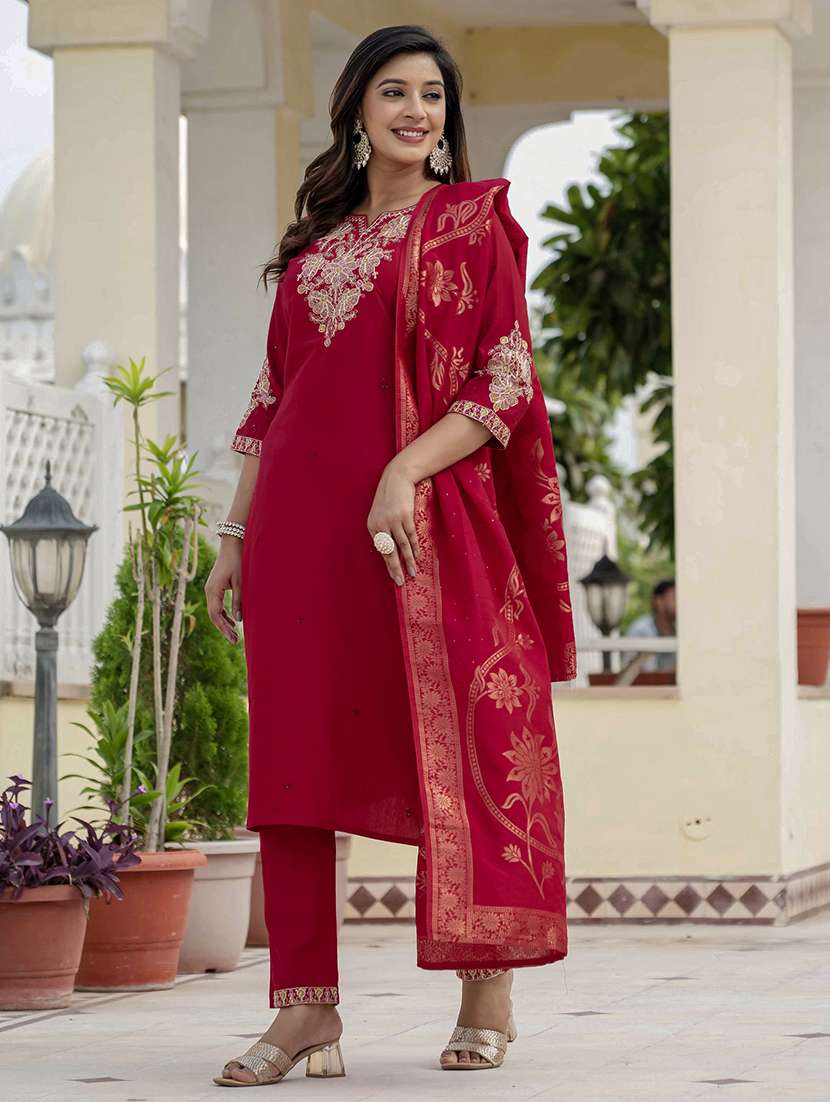 women solid with work three quarter sleeve kurta pant with dupatta set - 22298496 -  Standard Image - 1