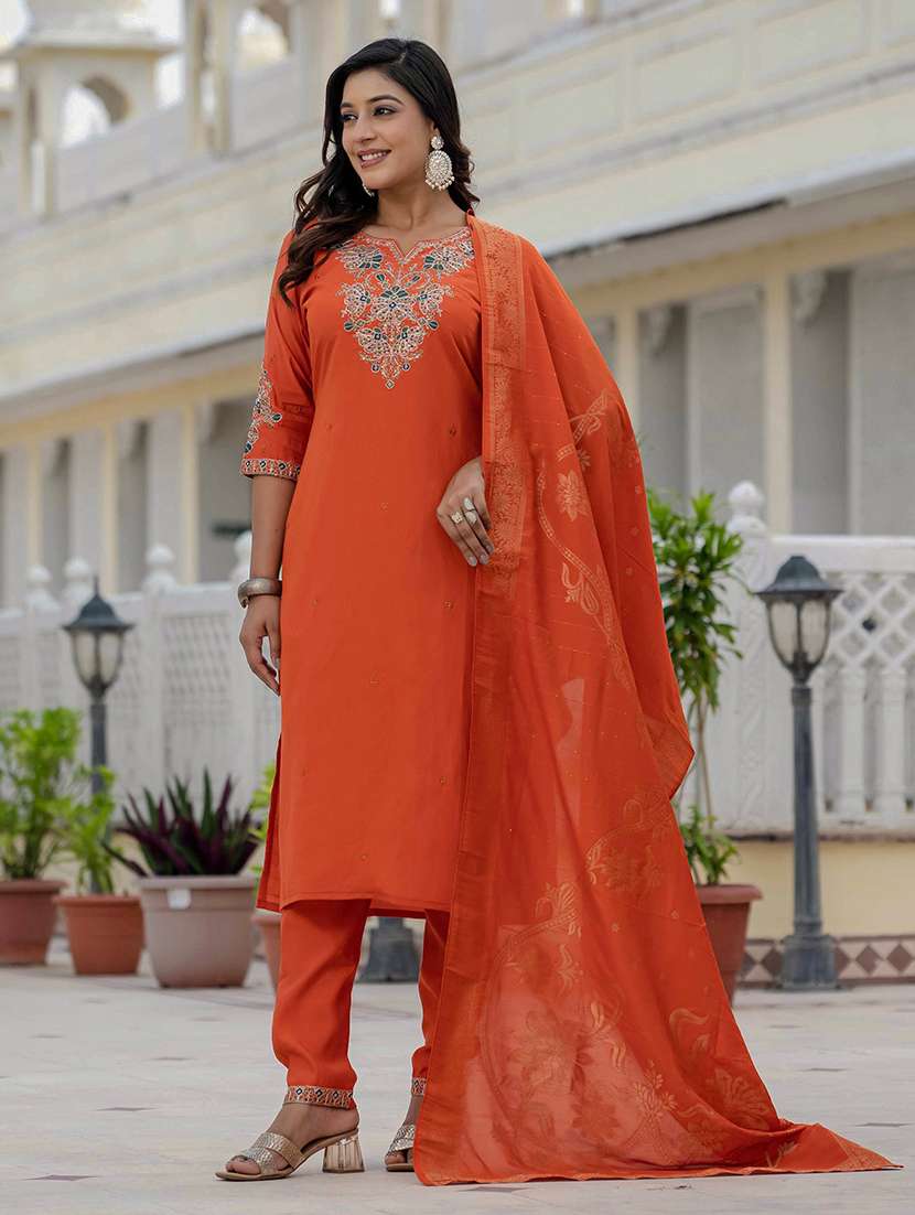 Women Solid With Work Three Quarter Sleeve Kurta Pant With Dupatta Set - 22298497 -  Standard Image - 1