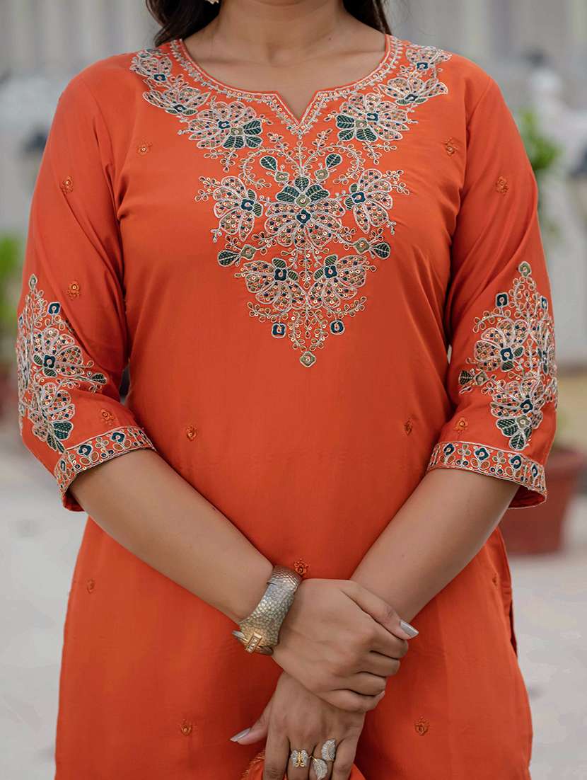 Women Solid With Work Three Quarter Sleeve Kurta Pant With Dupatta Set - 22298497 -  Standard Image - 4