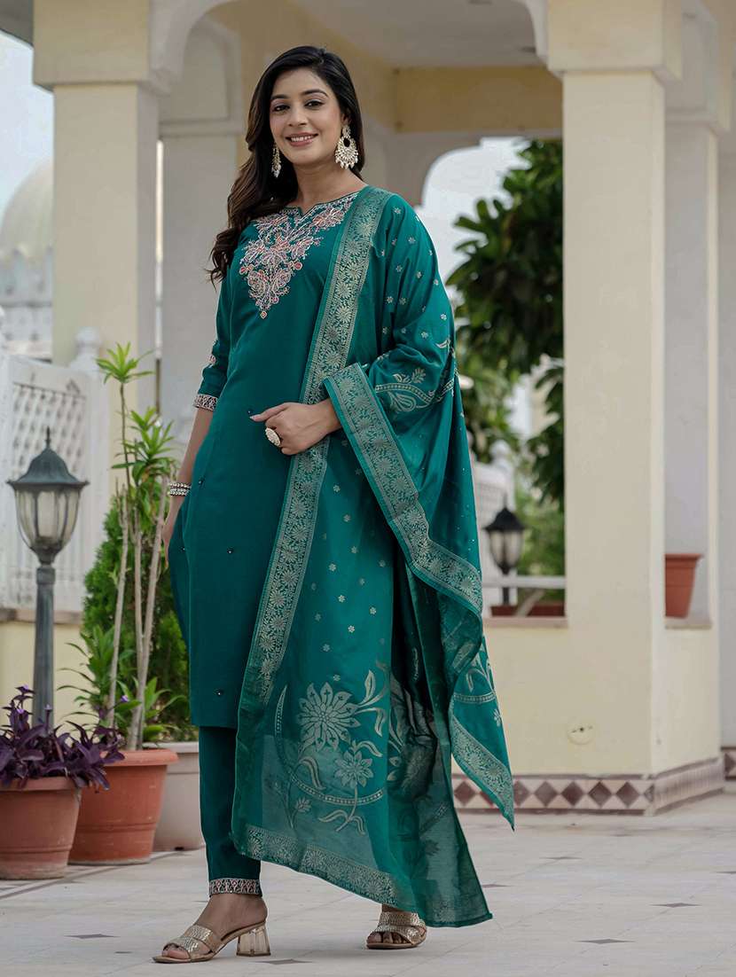 women solid with work three quarter sleeve kurta pant with dupatta set - 22298498 -  Standard Image - 1