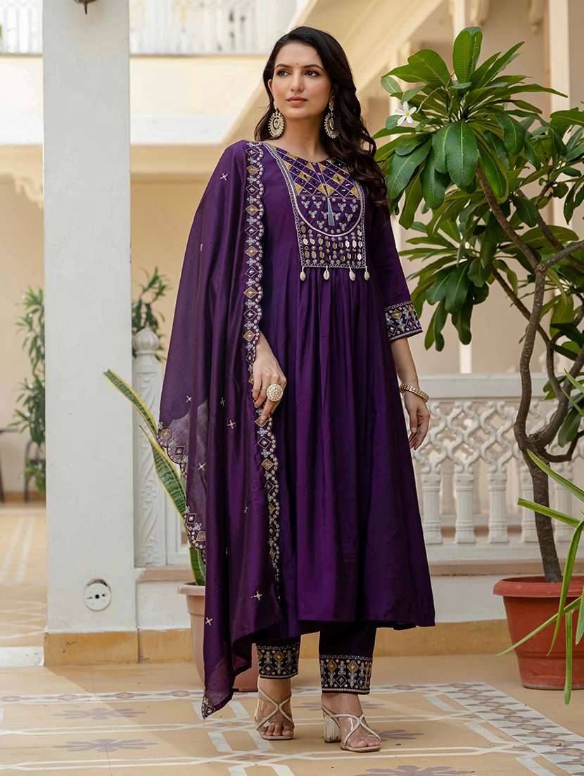 women solid with work three quarter sleeve kurta pant with dupatta set - 22298504 -  Standard Image - 1