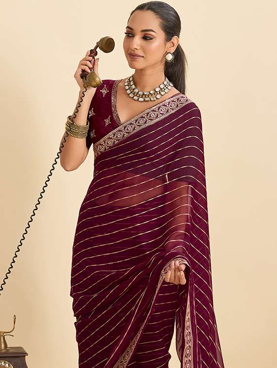 women striped bordered saree with blouse - 22299004 -  Standard Image - 4