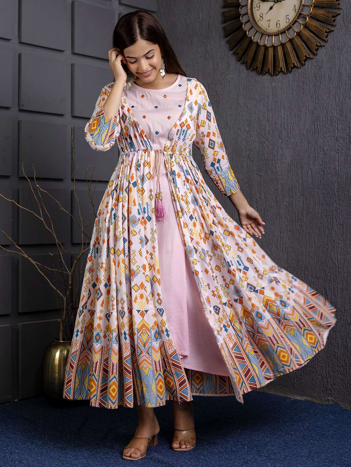 women printed three quarter sleeve ethnic dress - 22299135 -  Standard Image - 1
