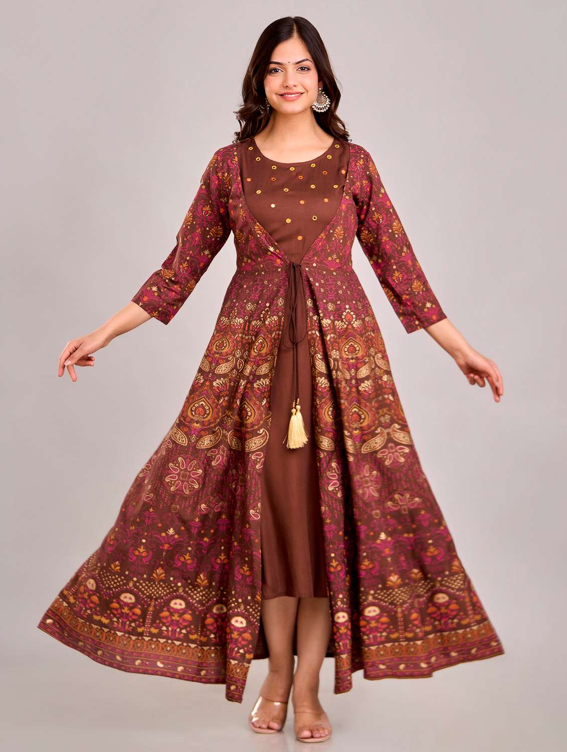 women printed three quarter sleeve ethnic dress - 22299136 -  Standard Image - 1